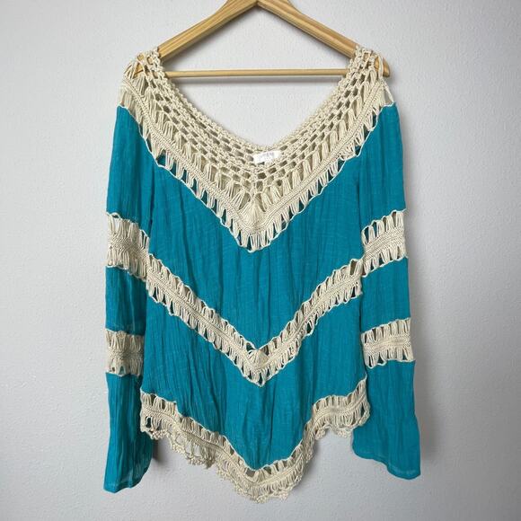 Umgee USA Boho Crochet Poncho Top Size L Turquoise Festival Vacation - Picture 1 of 4